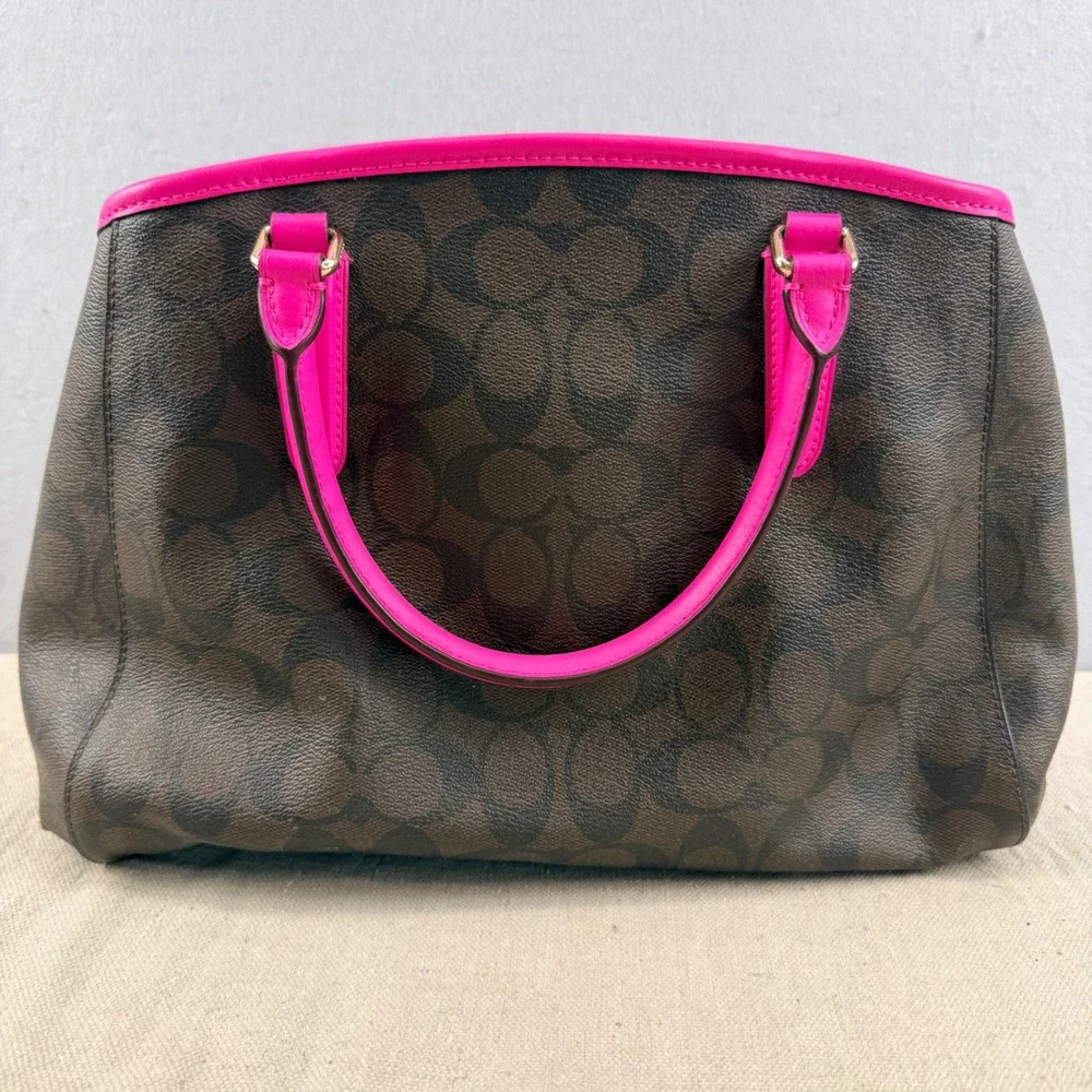 Coach Margot Carryall Signature Brown Canvas Bright Pink Trim Crossbody Tote Bag - Picture 4 of 12